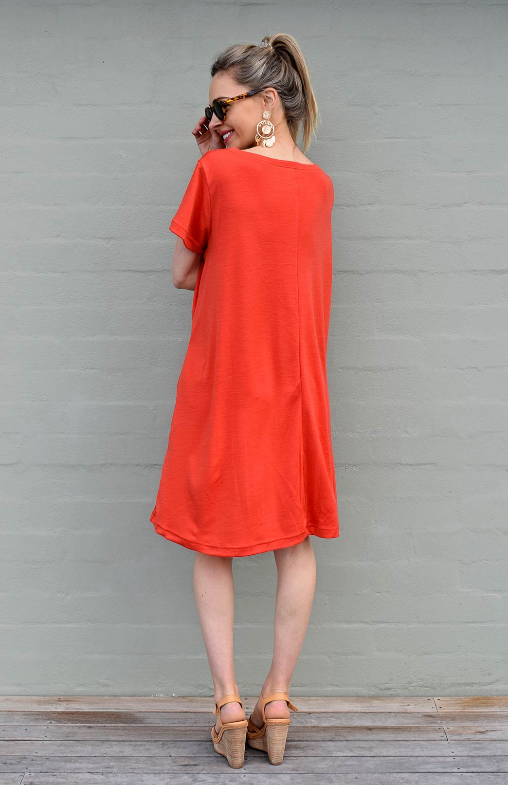 Paprika Orange Women's Merino Wool Loose Fit Dress with Short Sleeves and Side Pockets