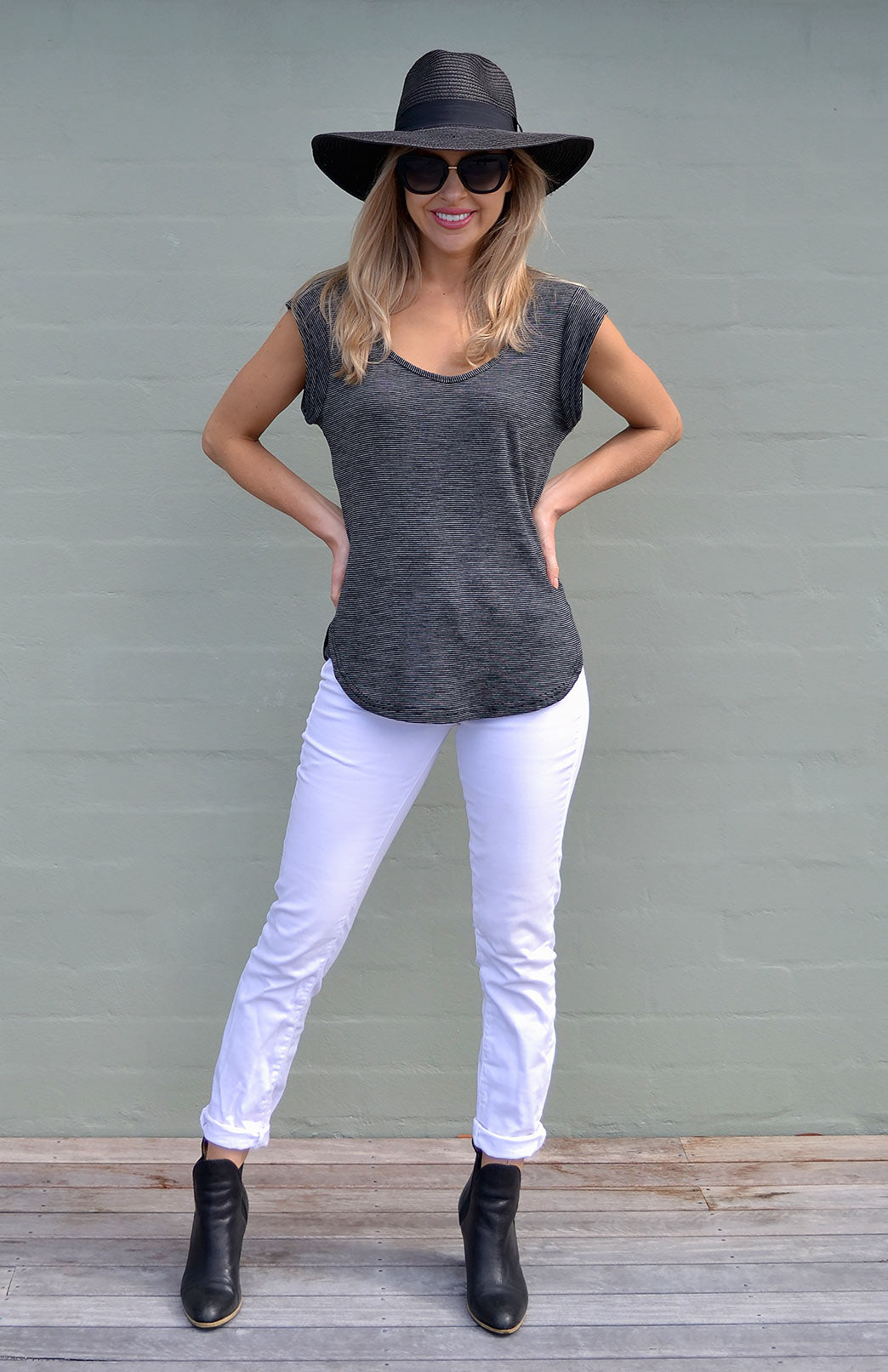 Black Pinstripe Women's Merino Wool Cap Sleeve T-Shirt
