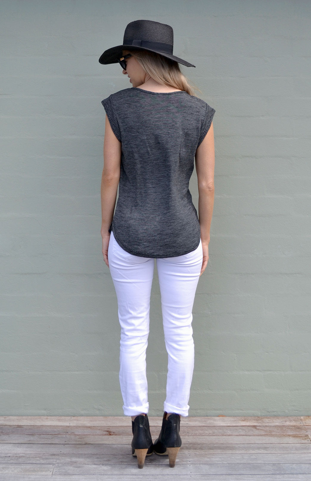 Black Pinstripe Women's Merino Wool Cap Sleeve T-Shirt