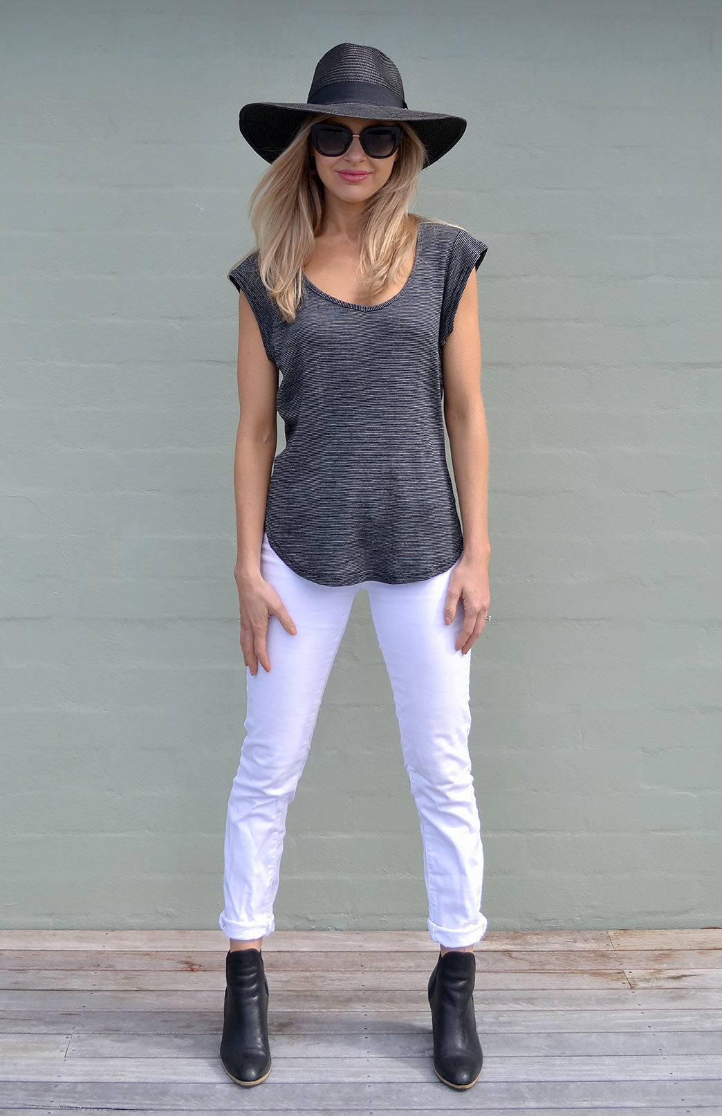 Black Pinstripe Women's Merino Wool Cap Sleeve T-Shirt
