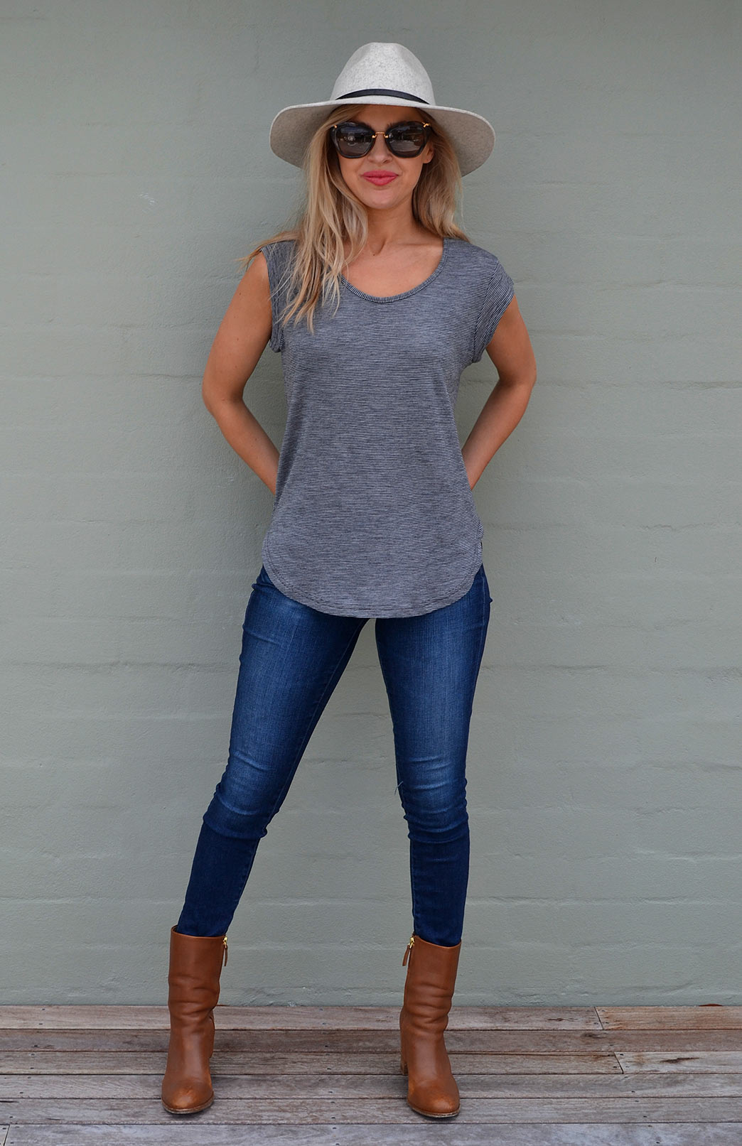 Grey Pinstripe Women's Merino Wool Cap Sleeve T-Shirt
