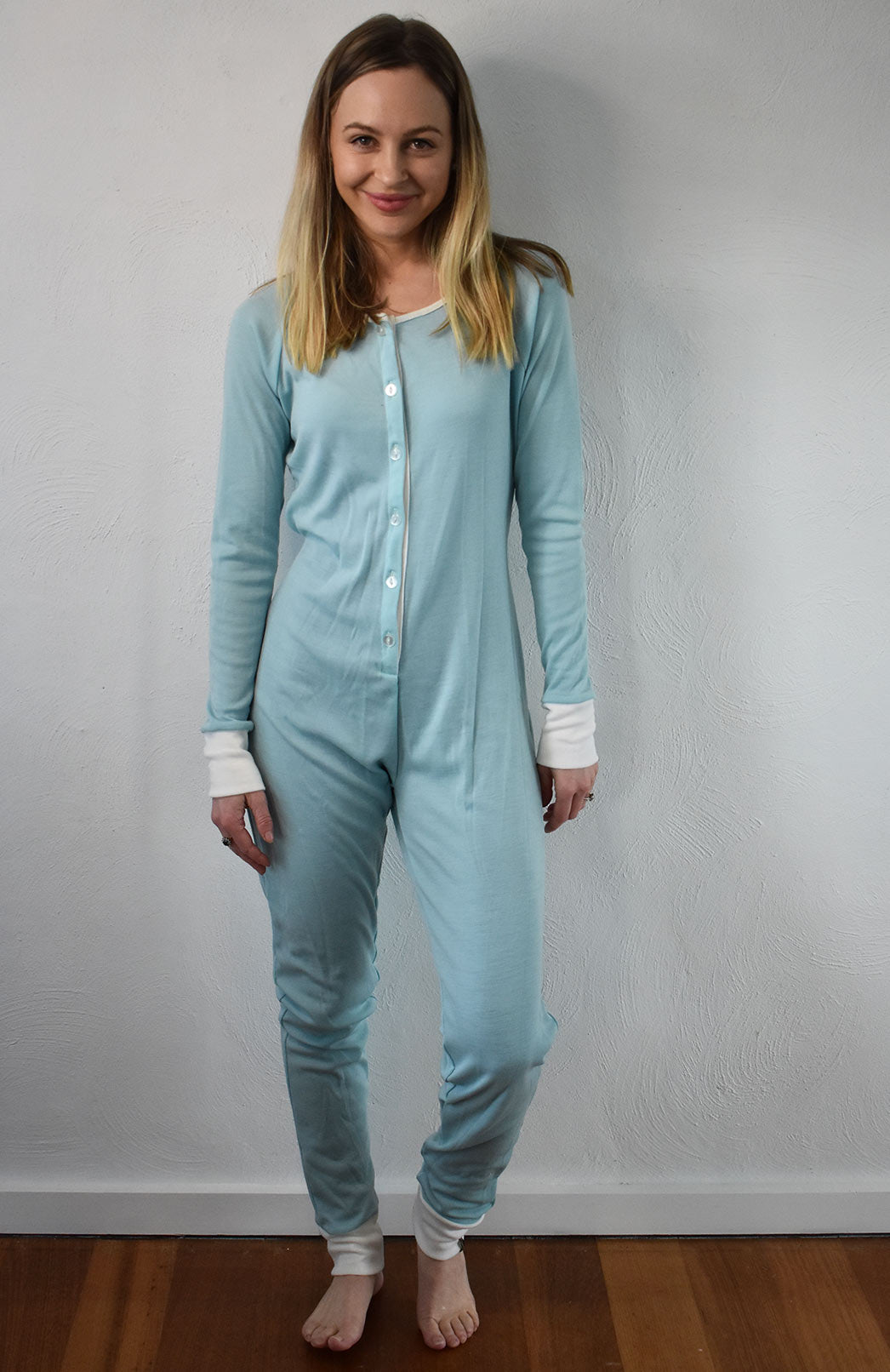 Sea Mist Merino wool adult button down onesie with elasticated back flap