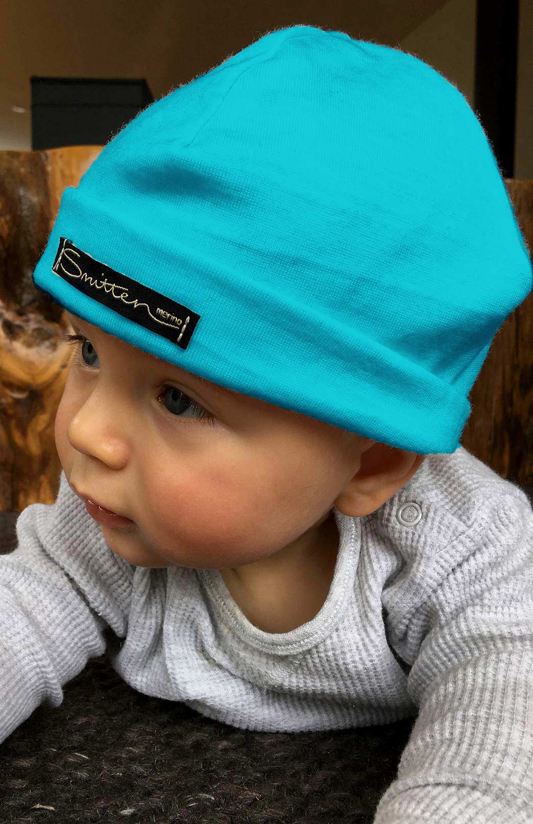 Aqua Blue Merino Wool Thermal Beanie for Babies and Children
