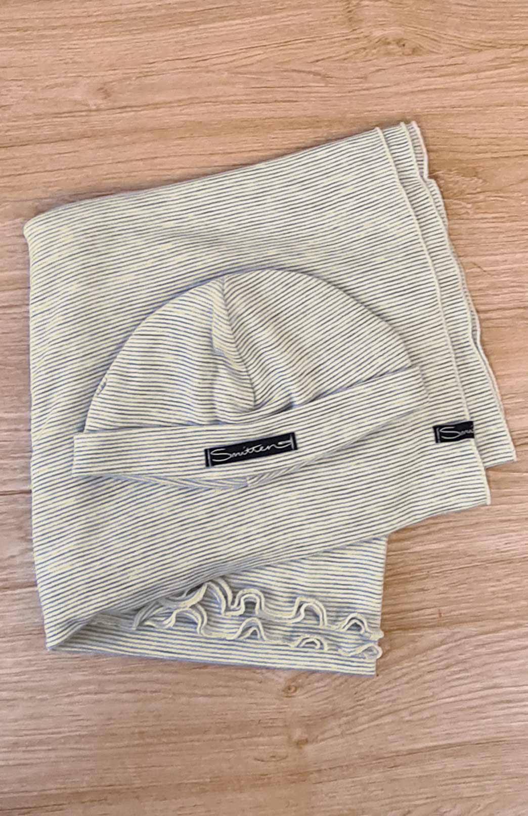 Vanilla & Grey Pinstripe Pure Merino Wool Baby Wrap and Beanie Set
