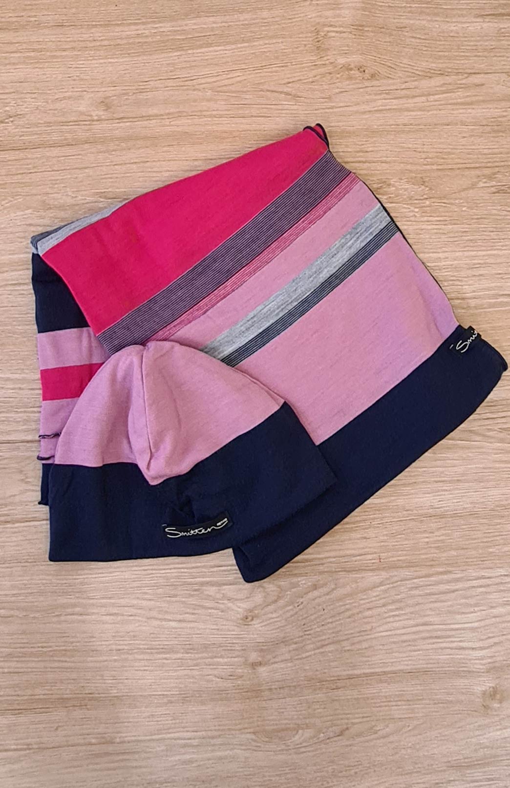 Rose Candy Pink & Navy Multi Stripe Pure Merino Wool Baby Wrap and Beanie Set