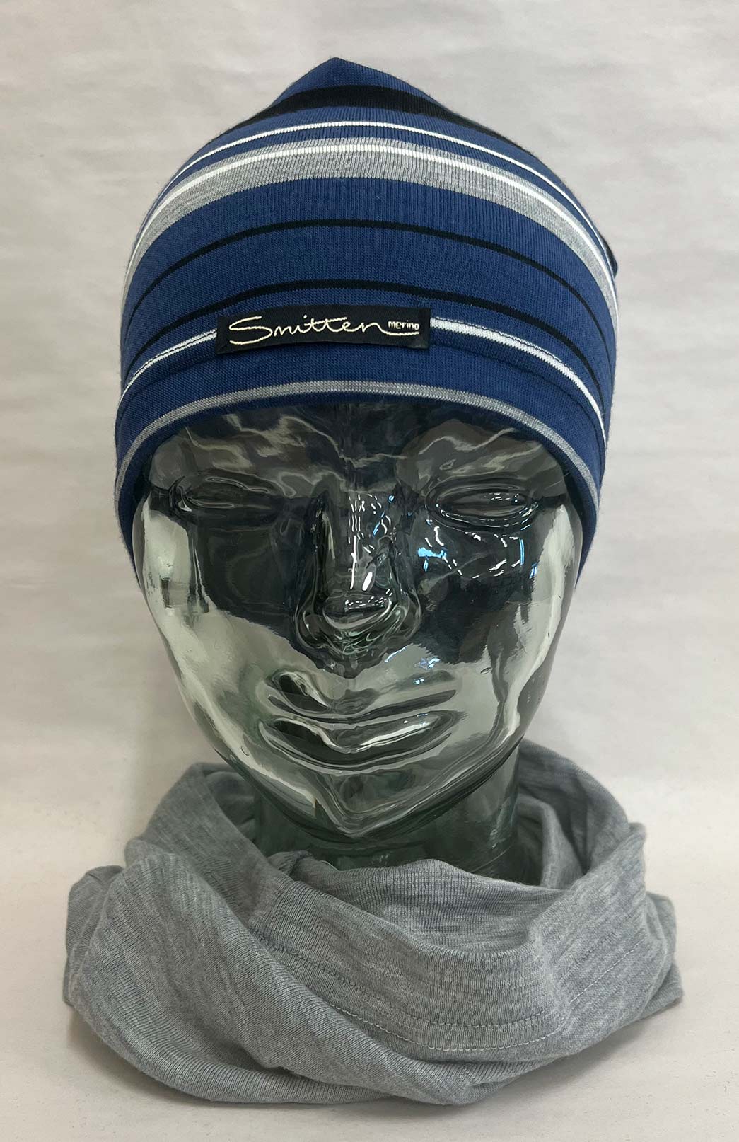 Blue Black Grey Ivory Stripe Unisex Merino Wool Thermal Beanie