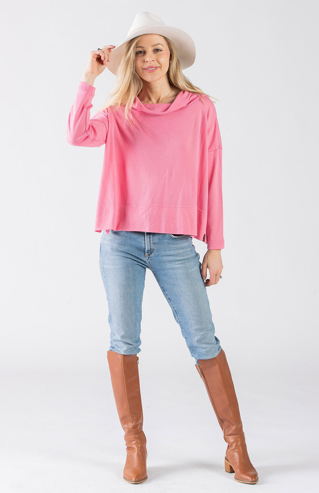 Carnation Pink Women&#39;s Merino Wool Boxy Cowl Neck Top with Long Sleeve
