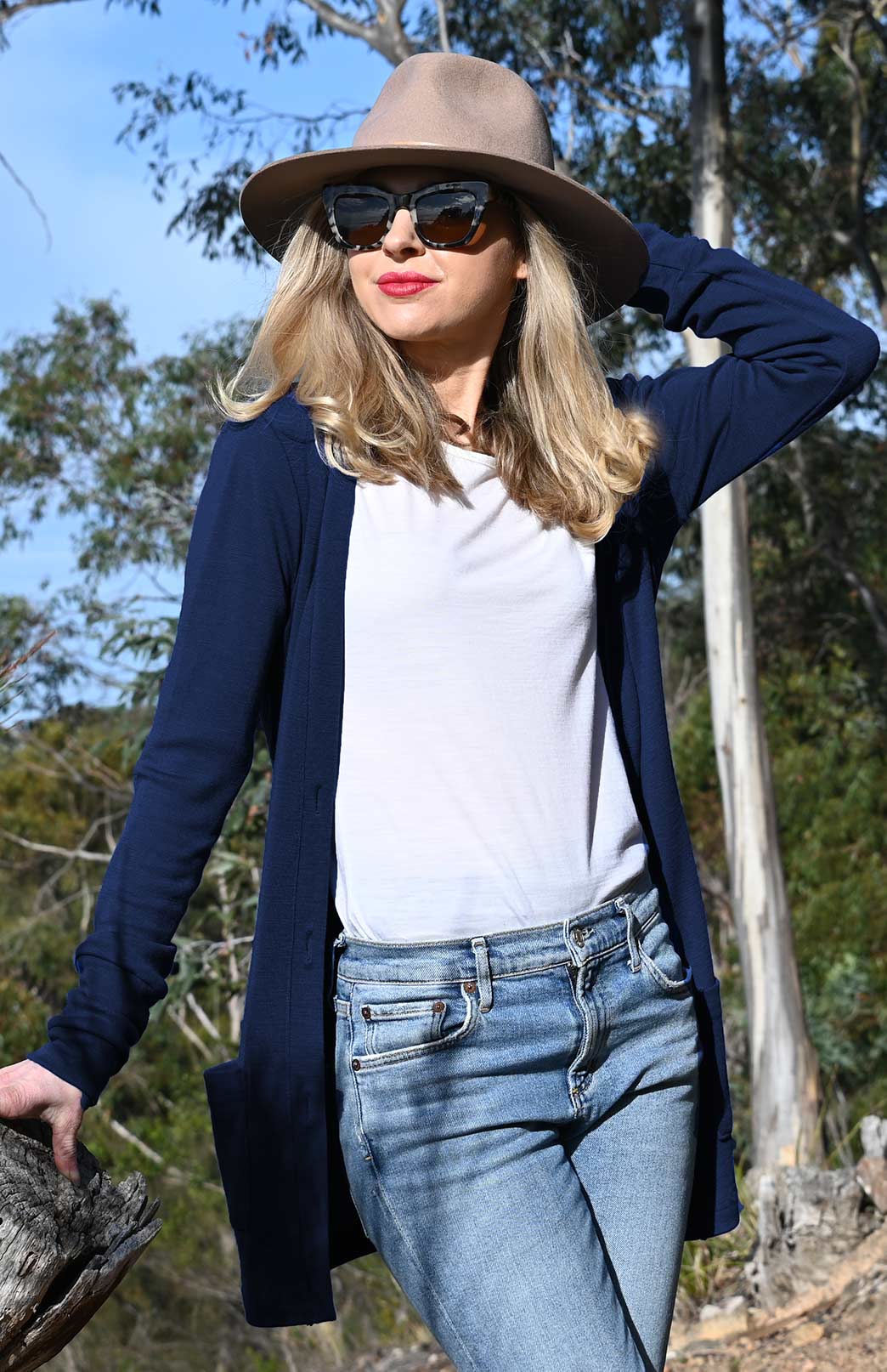 Navy Blue Women's Merino Wool Long Boyfriend Cardigan with Buttons
