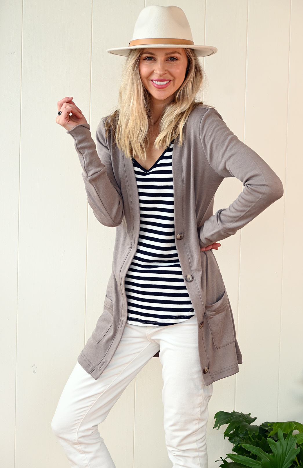 Soft Mocha  Women's Merino Wool Long Boyfriend Cardigan with Buttons