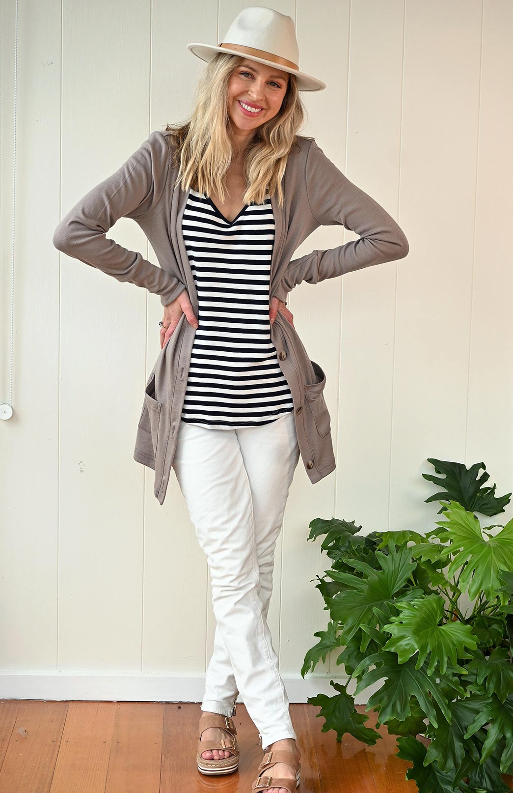 Navy Blue and Ivory Stripe Women's Merino Wool Cap Sleeve T-Shirt