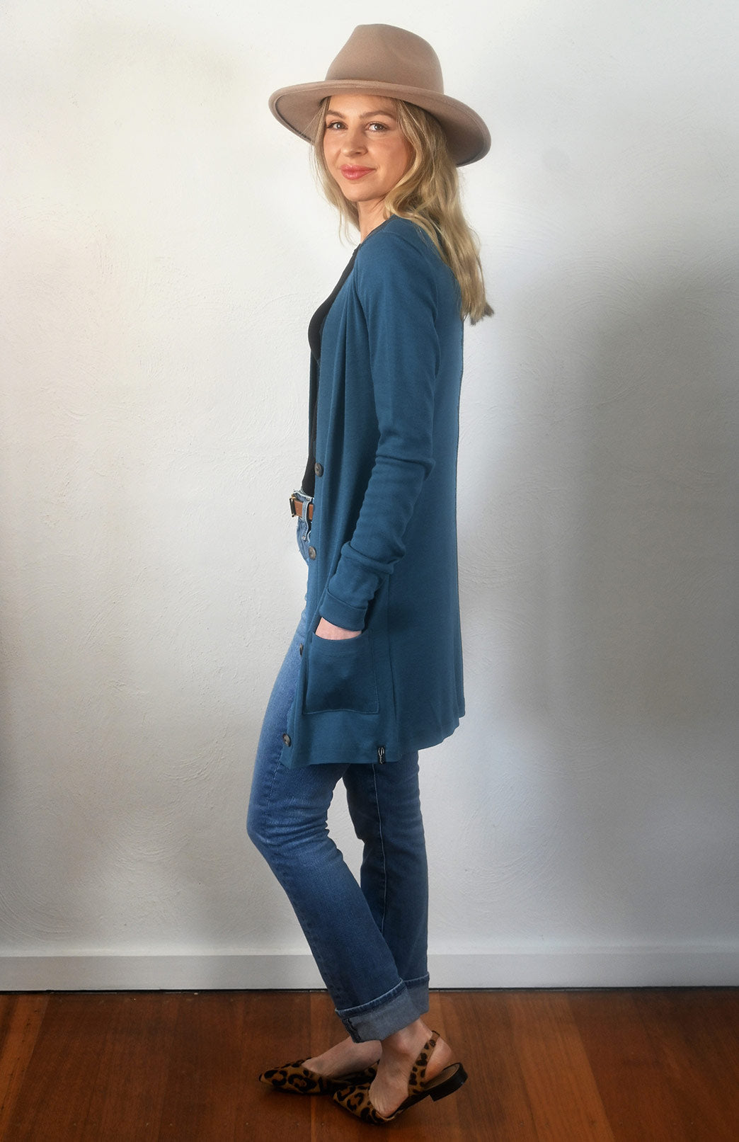 Storm Teal Women's Merino Wool Long Boyfriend Cardigan with Buttons
