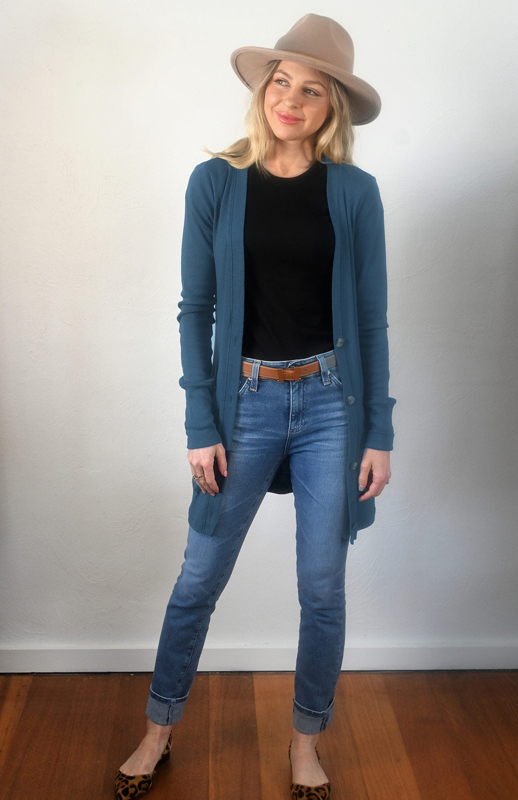Storm Teal Women's Merino Wool Long Boyfriend Cardigan with Buttons