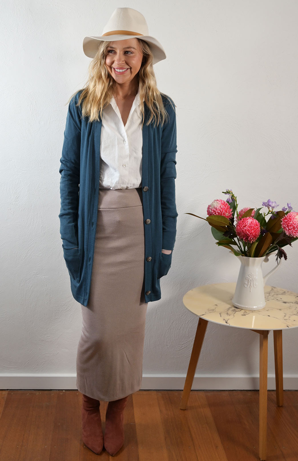 Storm Teal Women's Merino Wool Long Boyfriend Cardigan with Buttons