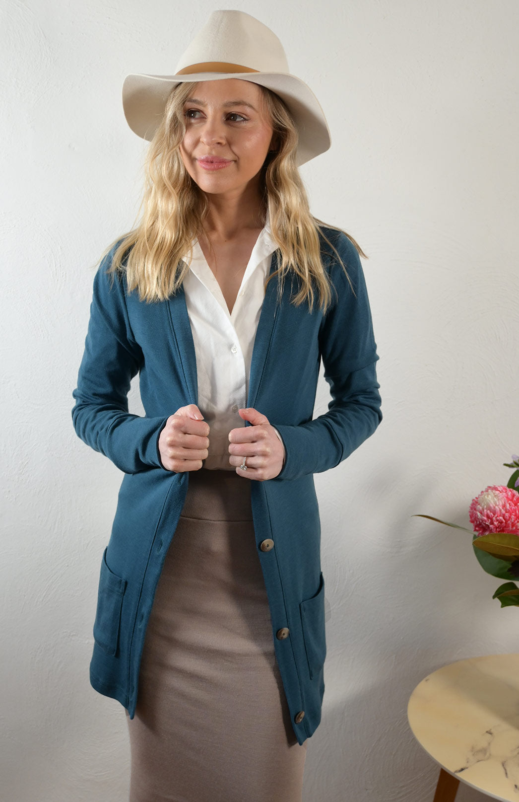 Storm Teal Women's Merino Wool Long Boyfriend Cardigan with Buttons