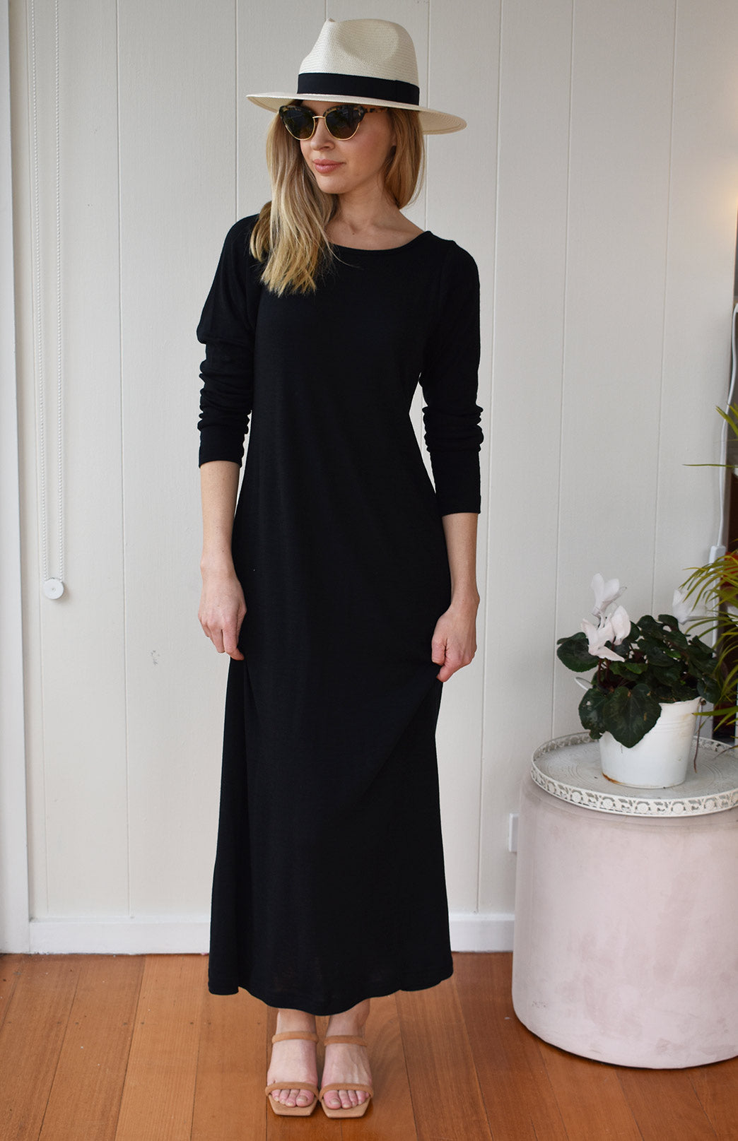 Black Women's Merino Wool Boat Neck Midi Dress with Long Sleeves