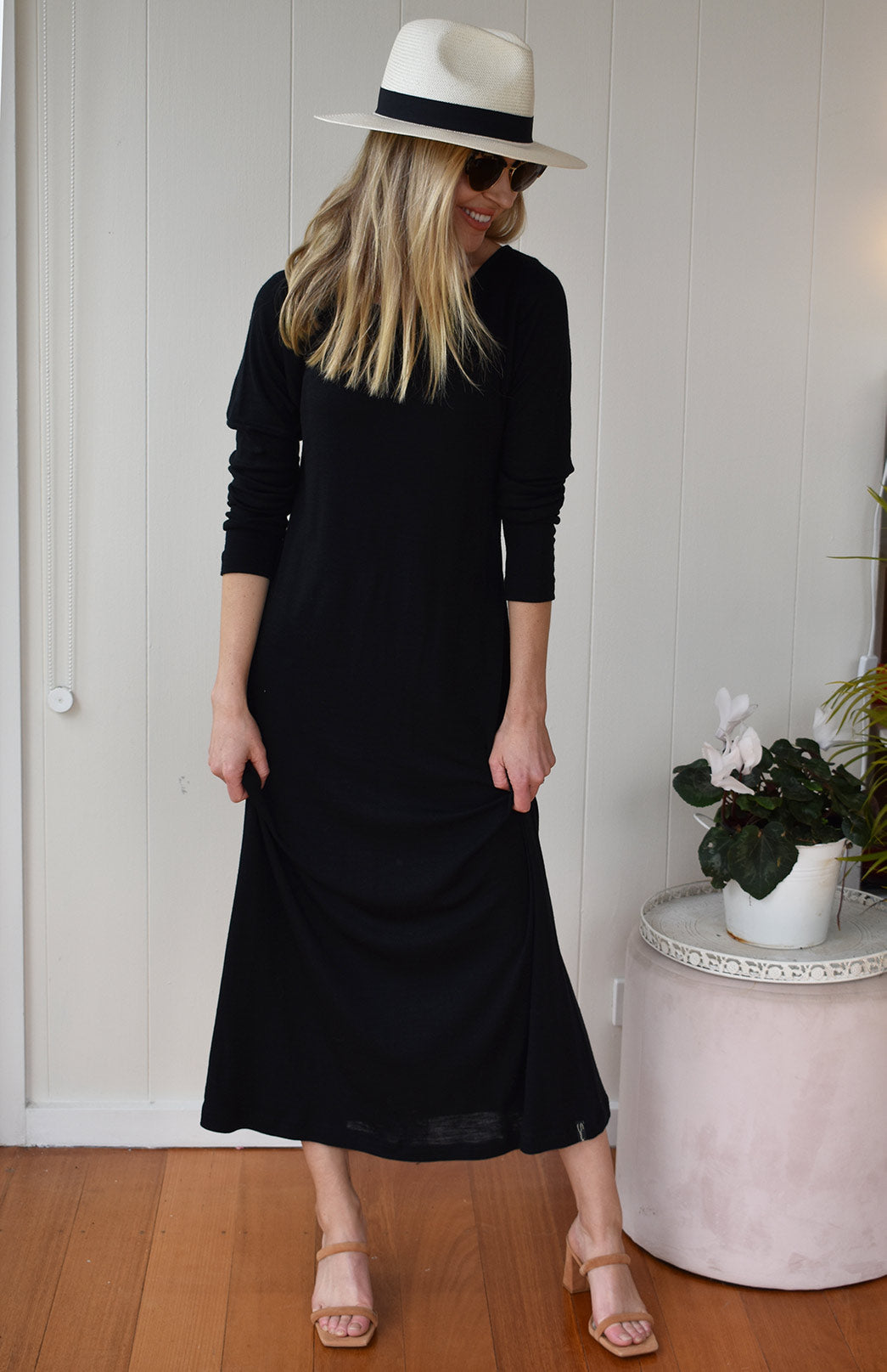 Black Women's Merino Wool Boat Neck Midi Dress with Long Sleeves