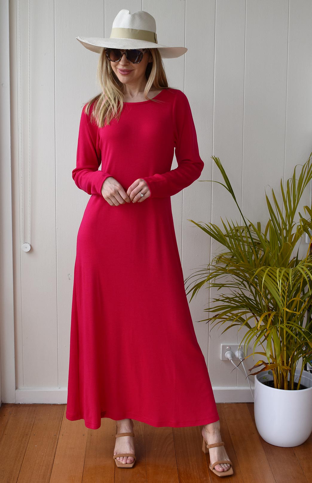 Scarlet Red Women's Merino Wool Boat Neck Midi Dress with Long Sleeves
