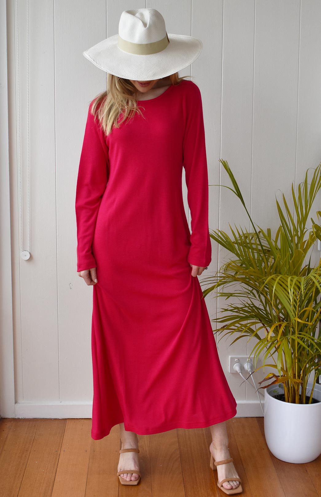 Scarlet Red Women's Merino Wool Boat Neck Midi Dress with Long Sleeves