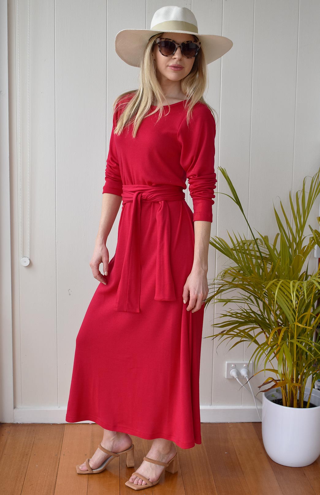 Scarlet Red Women's Merino Wool Boat Neck Midi Dress with Long Sleeves