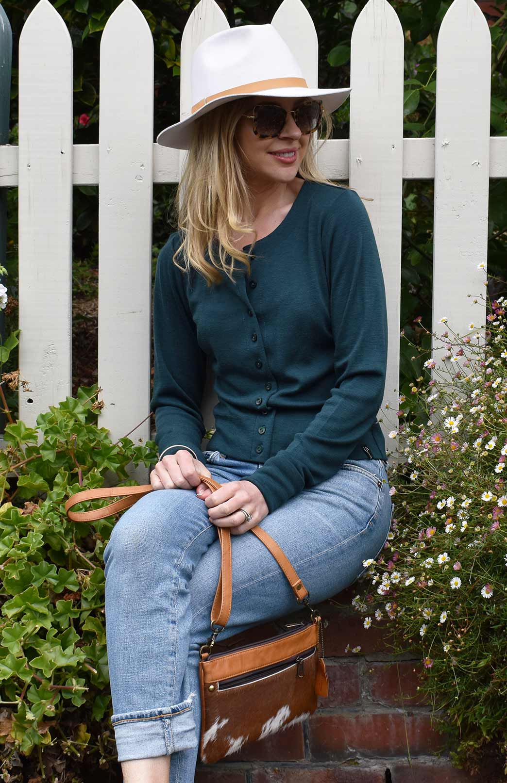 Deep Sea Green Women's Merino Wool Long Sleeve Round Neck Waist Cardigan