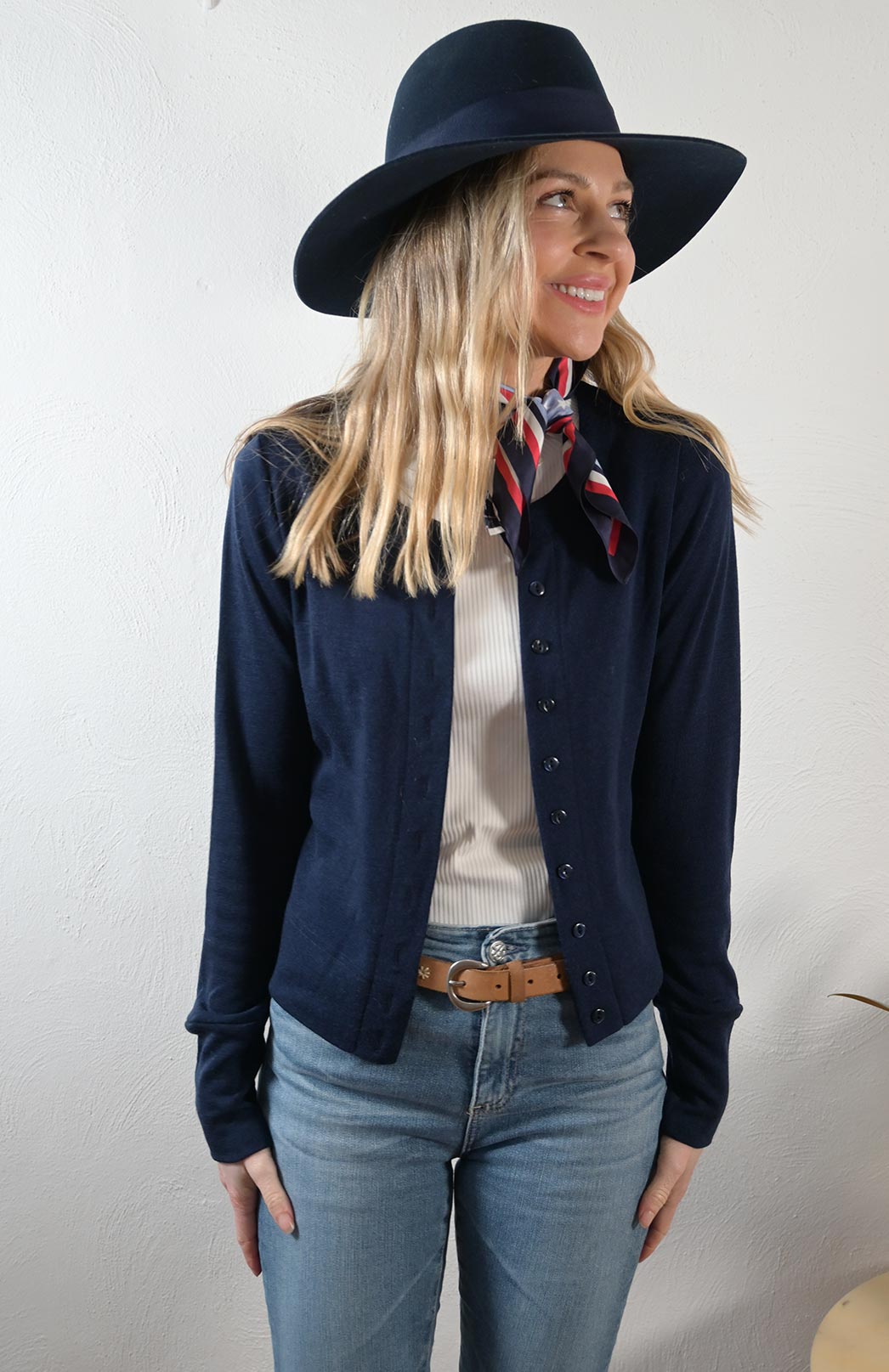 French Navy Blue Women's Merino Wool Long Sleeve Round Neck Waist Cardigan