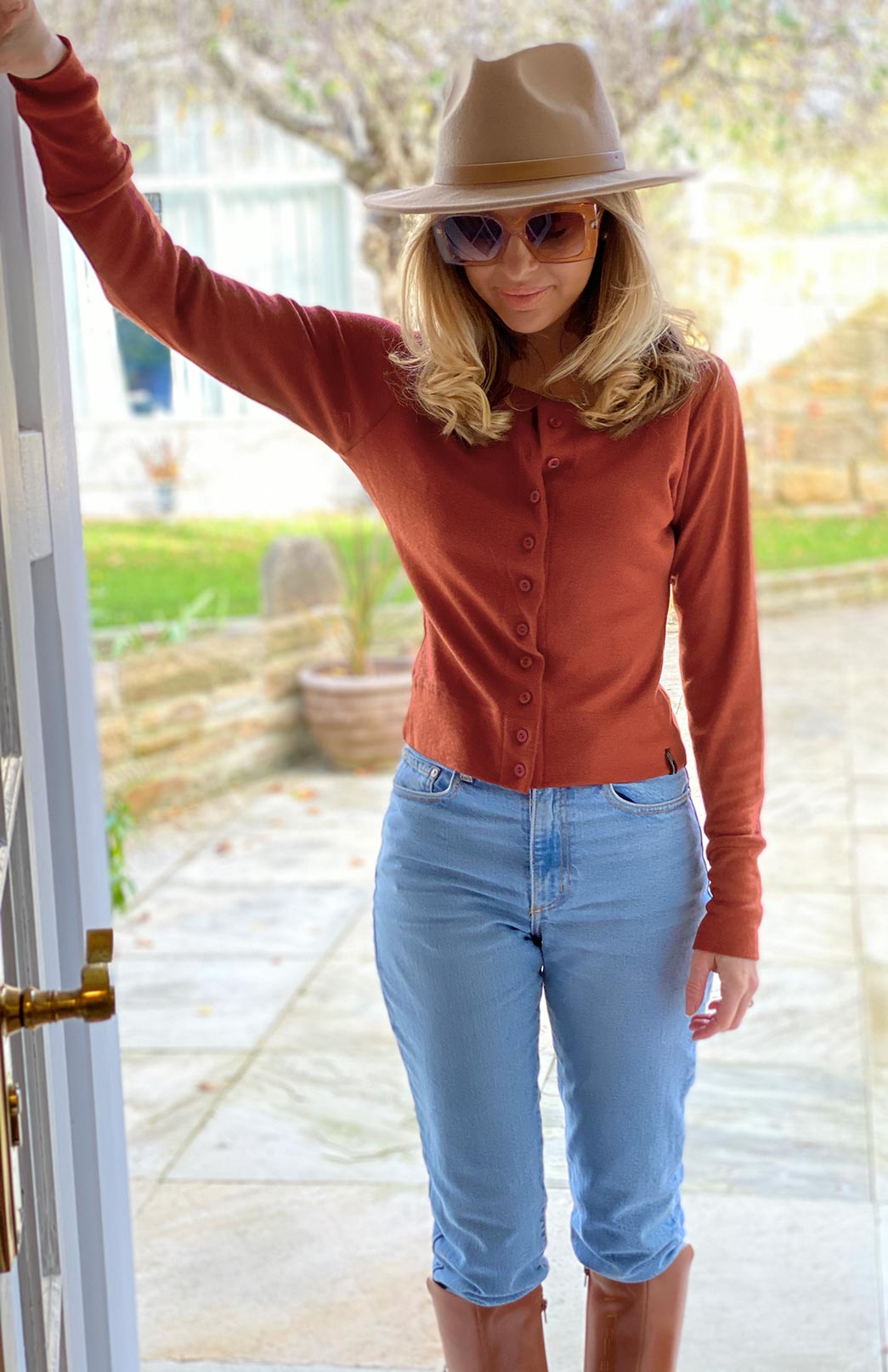 Deep Sea Green Women&#39;s Merino Wool Long Sleeve Round Neck Waist Cardigan
