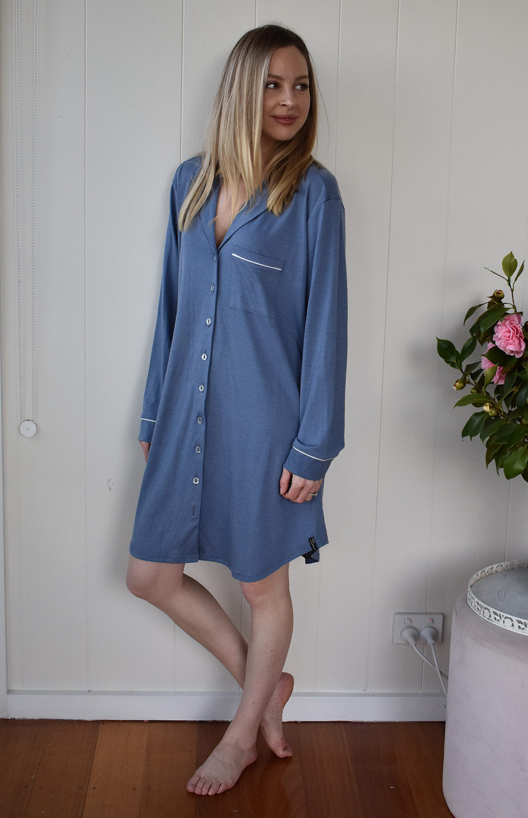 Dove Blue Women's Merino Wool Button Down Long Sleeved Nightshirt
