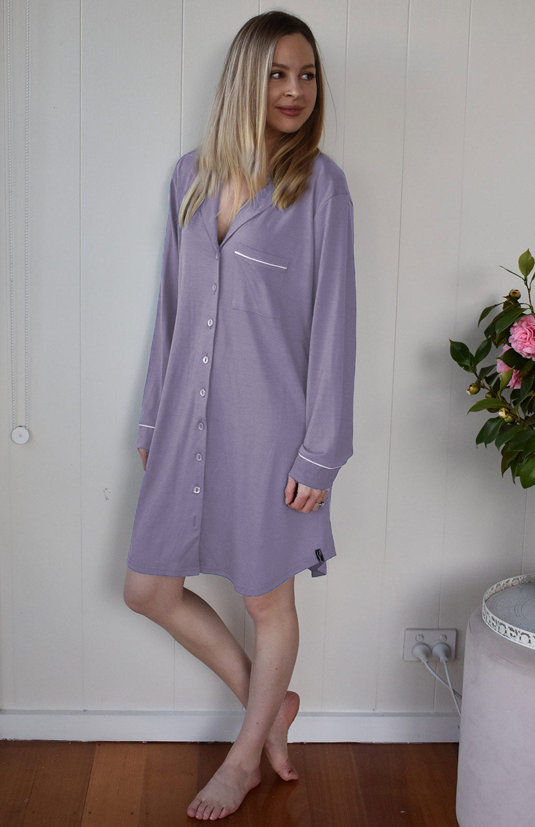 Lavender Women's Merino Wool Button Down Long Sleeved Nightshirt