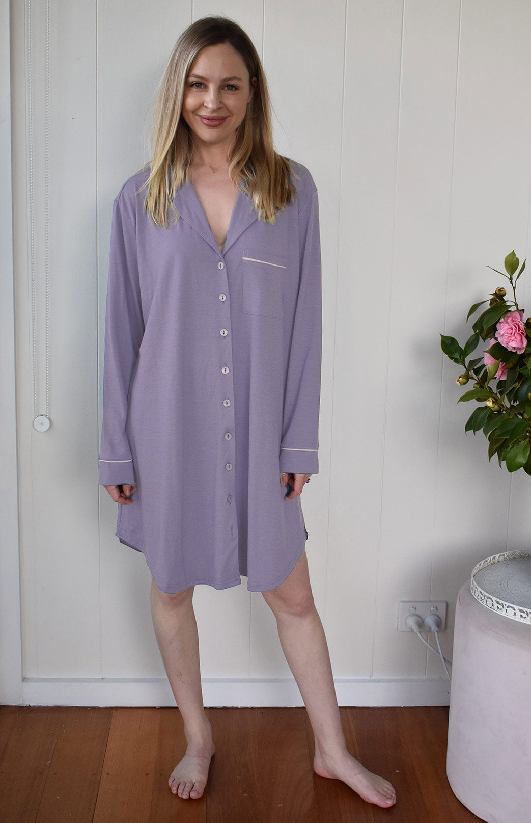 Lavender Women's Merino Wool Button Down Long Sleeved Nightshirt