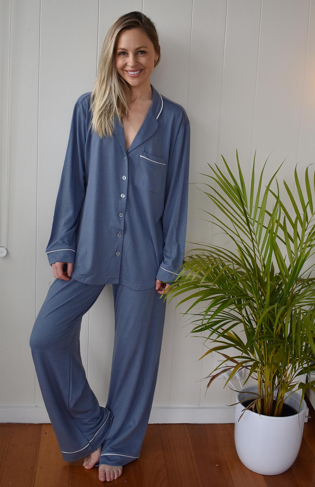 Dove Blue Women's Merino Wool Button Down Pyjama Shirt
