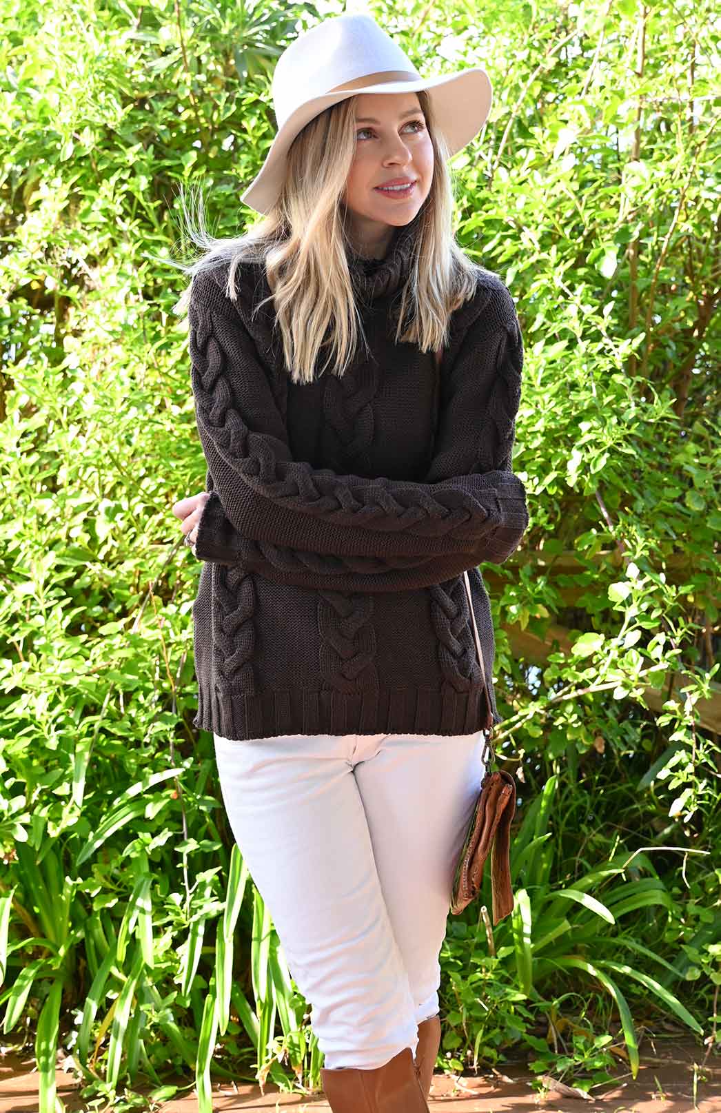 Chocolate Women's Merino Wool Cable Knit Jumper 