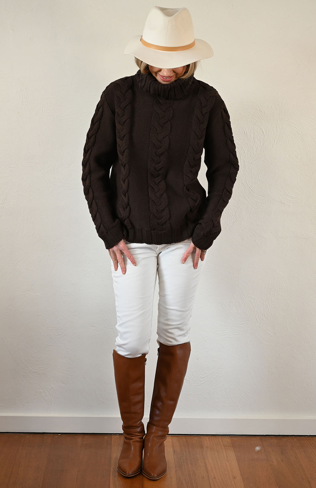 Chocolate Women's Merino Wool Cable Knit Jumper 