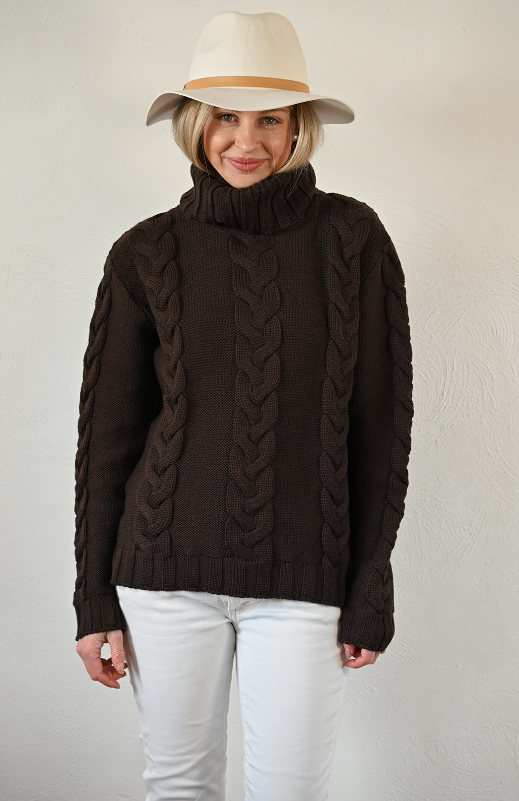 Chocolate Women's Merino Wool Cable Knit Jumper 