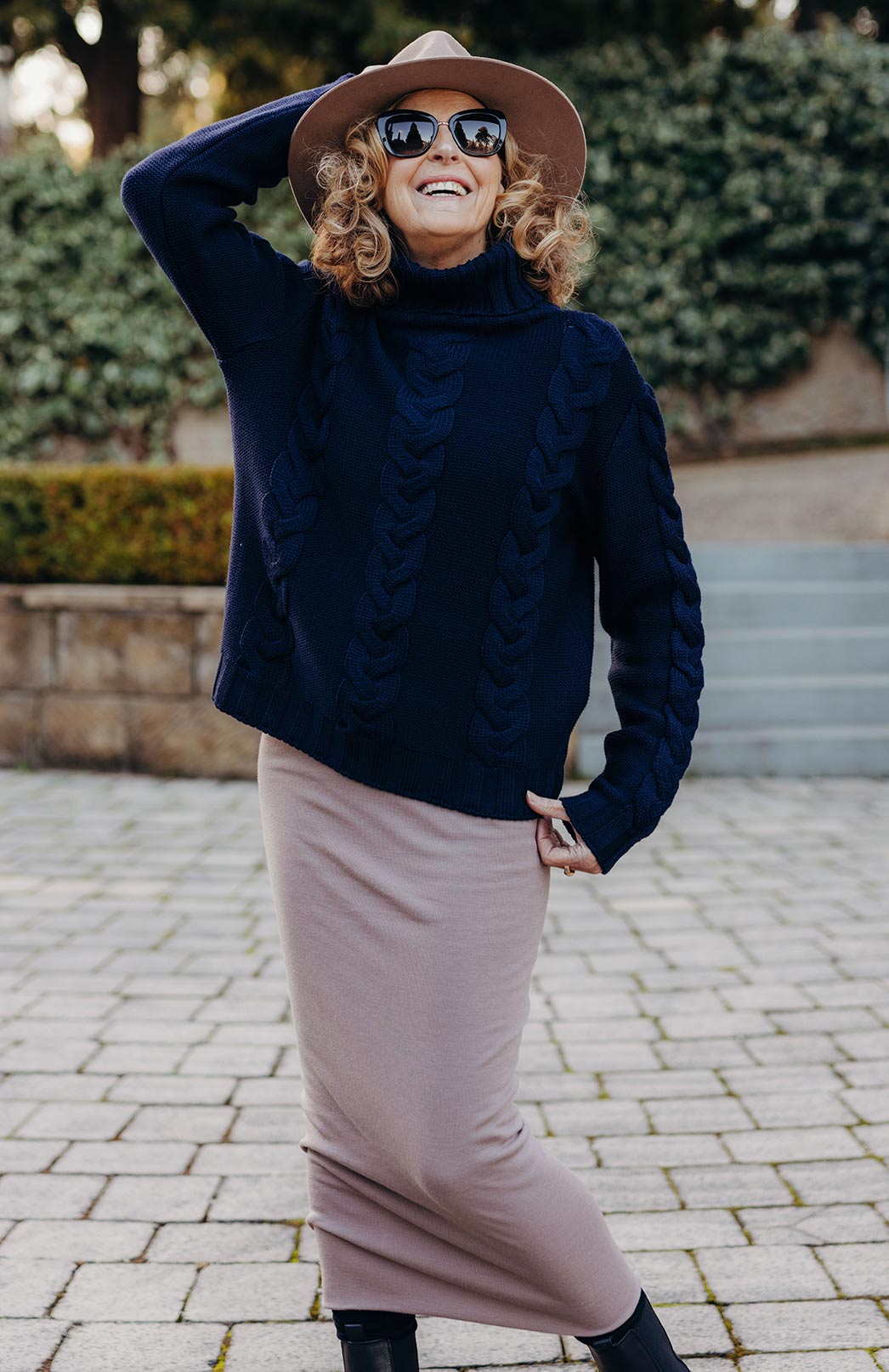 Navy Blue Women's Merino Wool Cable Knit Jumper 