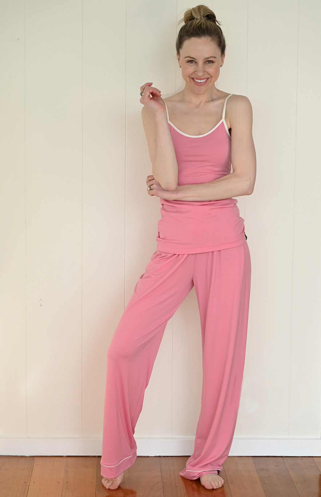 Carnation Pink Women&#39;s Merino Wool Matching Camisole Top and Long Pants Pyjama Set
