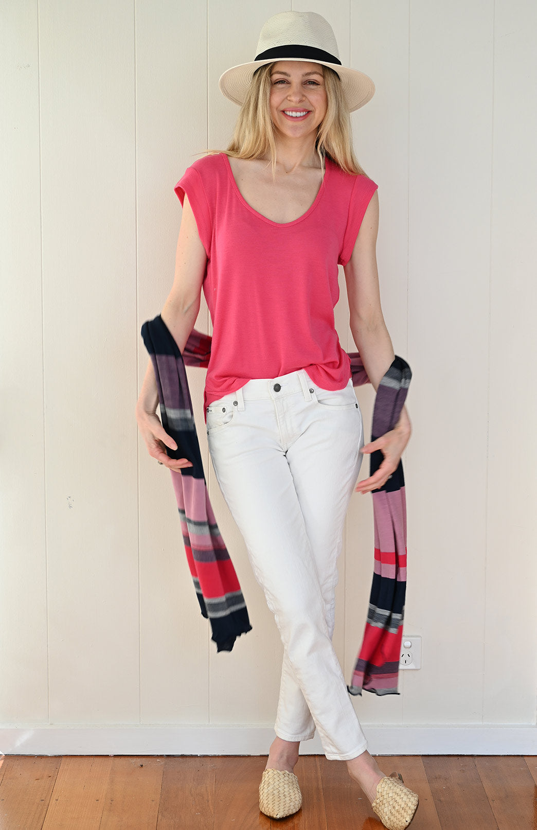 Rose Candy Pink & Navy Multi Stripe Women's Merino Wool Multi Striped Scarf