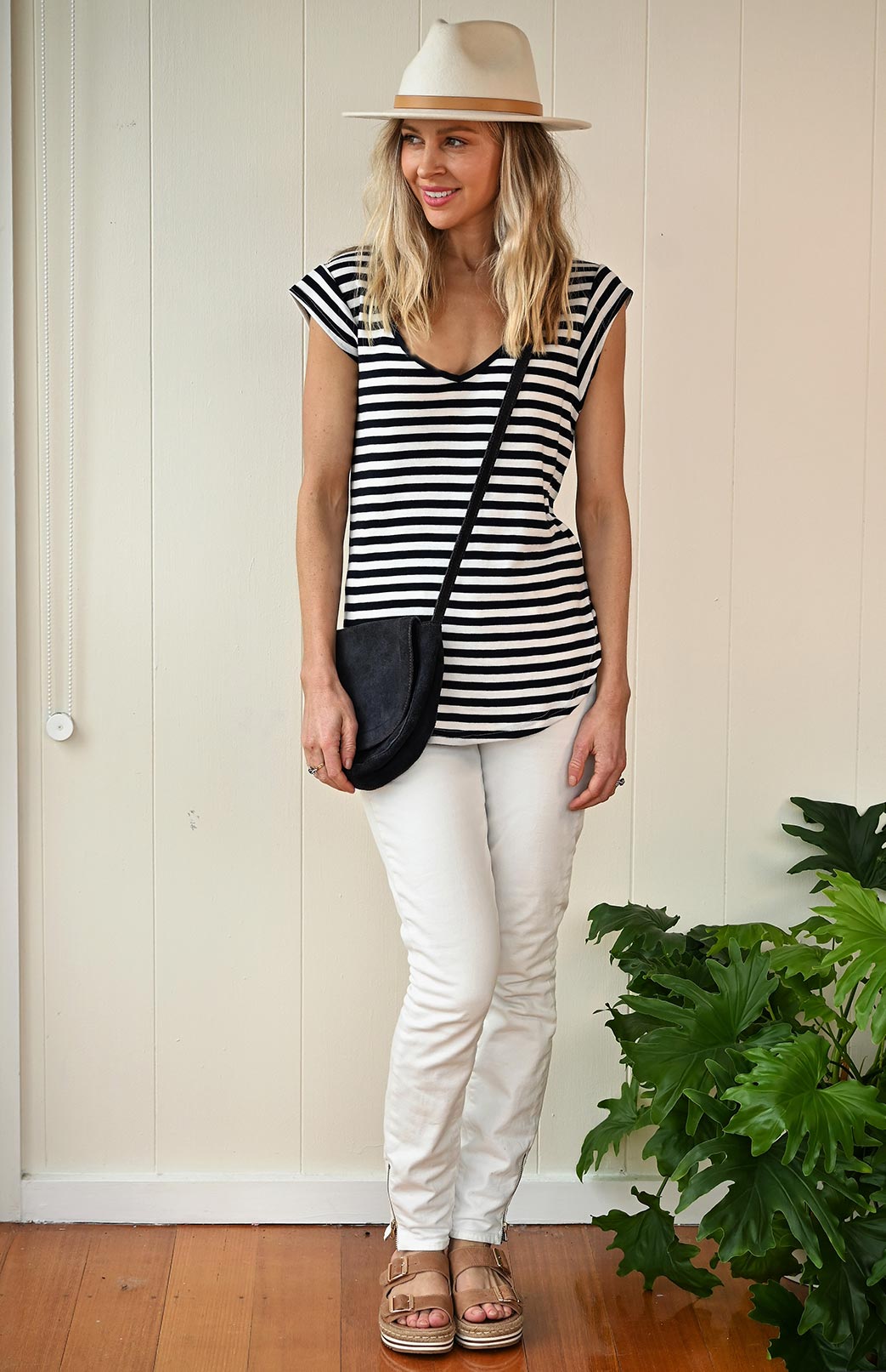 Navy Blue and Ivory Stripe Women's Merino Wool Cap Sleeve T-Shirt