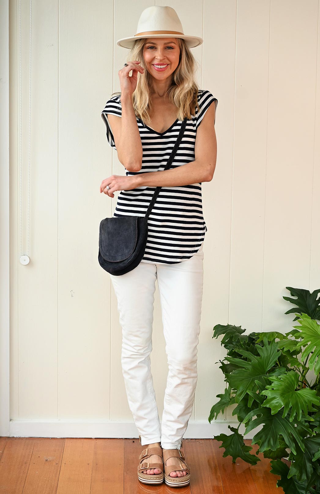 Navy Blue and Ivory Stripe Women's Merino Wool Cap Sleeve T-Shirt