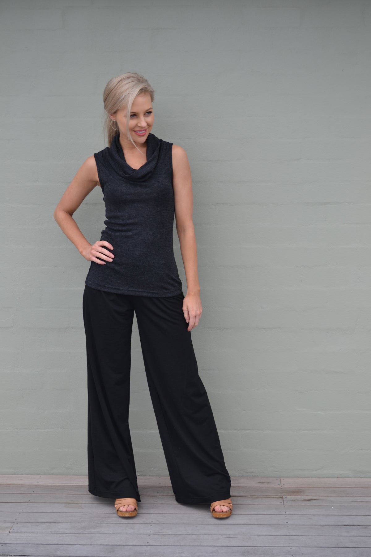 Charcoal Marl Women's Merino Wool Sleeveless Top with Cowl Neckline