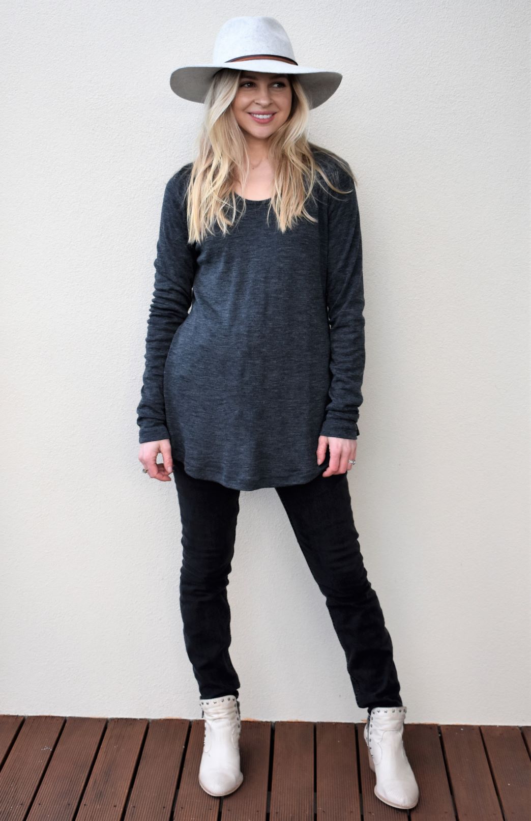 Charcoal Marl Women's Merino Wool Long Sleeve Top with Raglan Sleeves