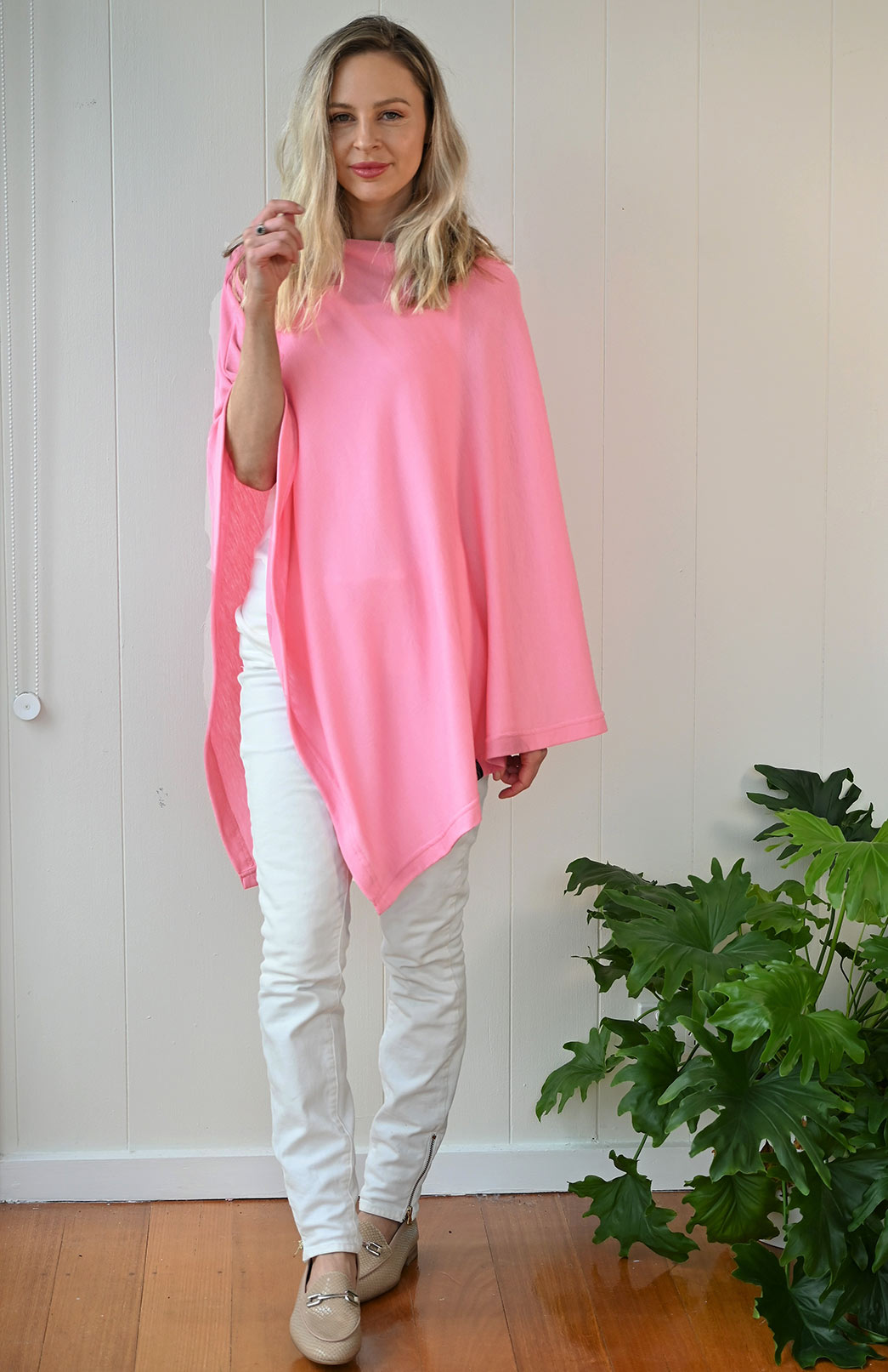 Carnation Pink Women's Merino Wool Plain Poncho