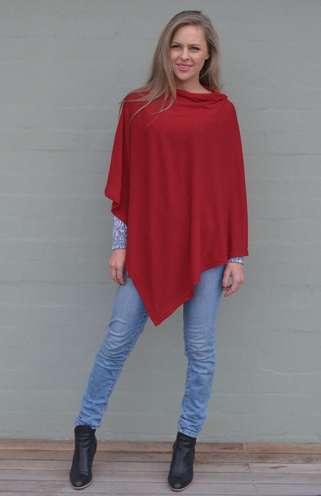 Chilli Red Women's Merino Wool Plain Poncho