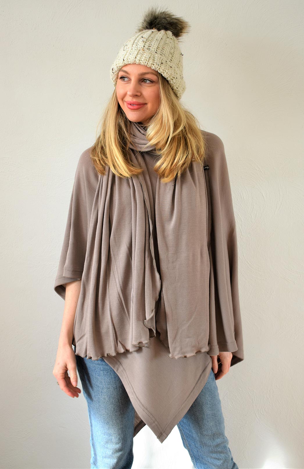 Dark Oatmeal Women's Merino Wool Plain Poncho