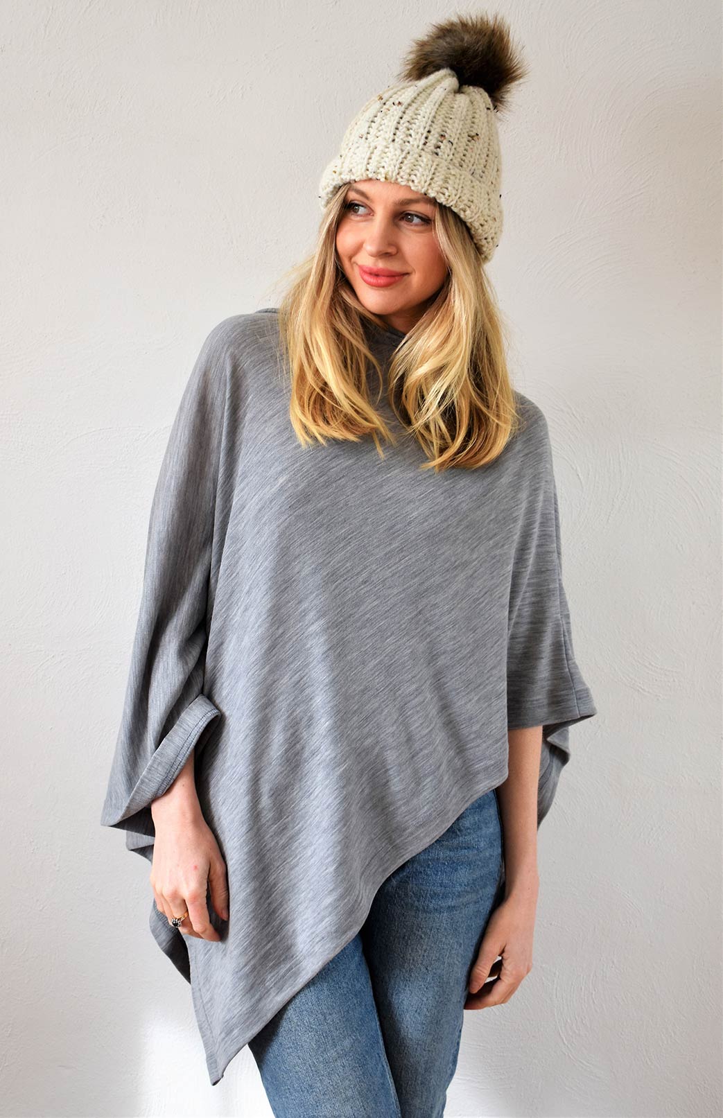 Grey Marl Women's Merino Wool Plain Poncho