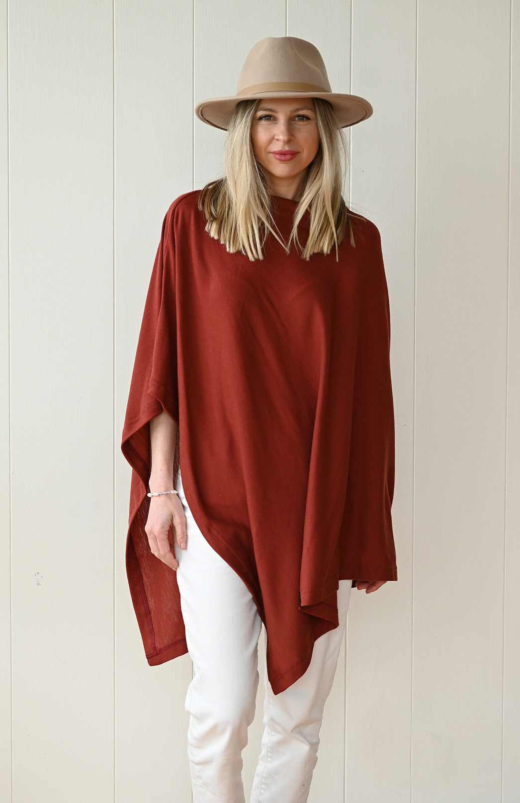 Shiraz Red Women's Merino Wool Plain Poncho