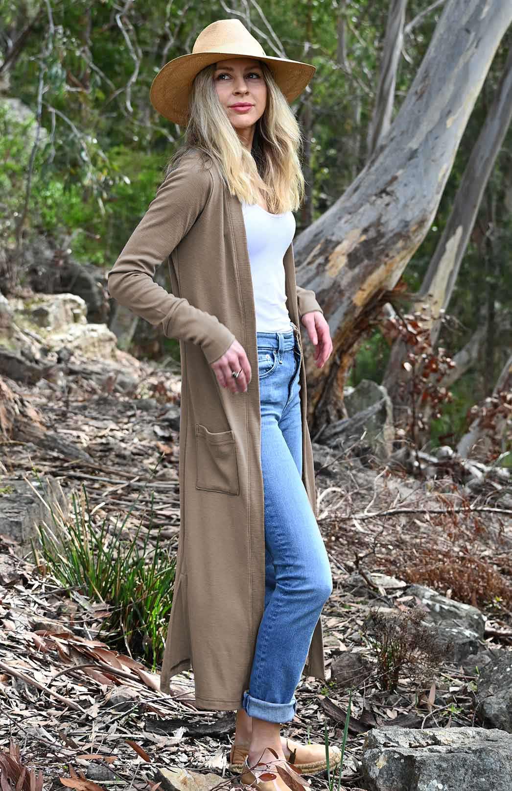 Caramel Women's Slimline Long Cardigan with side pockets