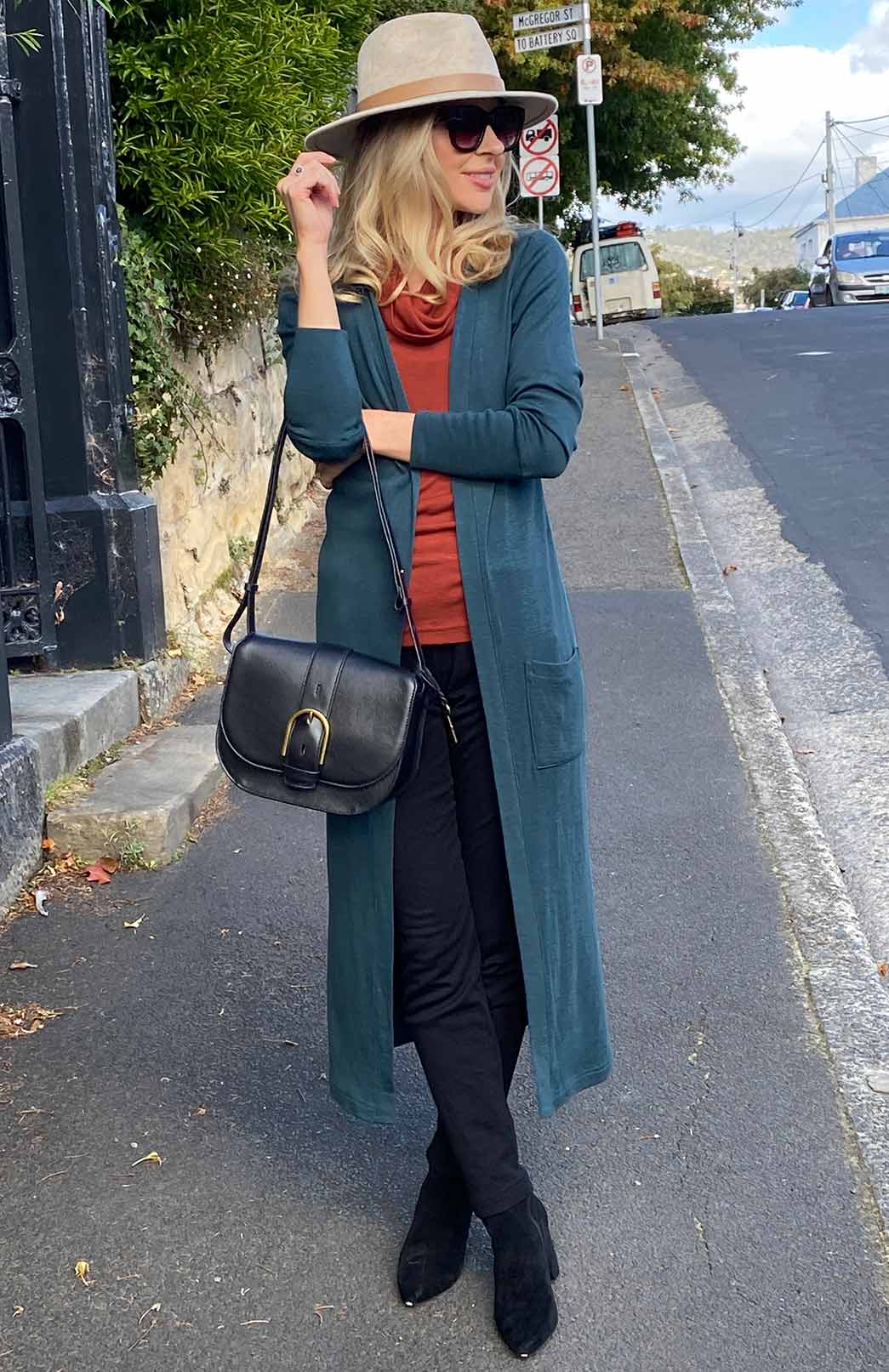 Deep Sea Green Women's Slimline Long Cardigan with side pockets
