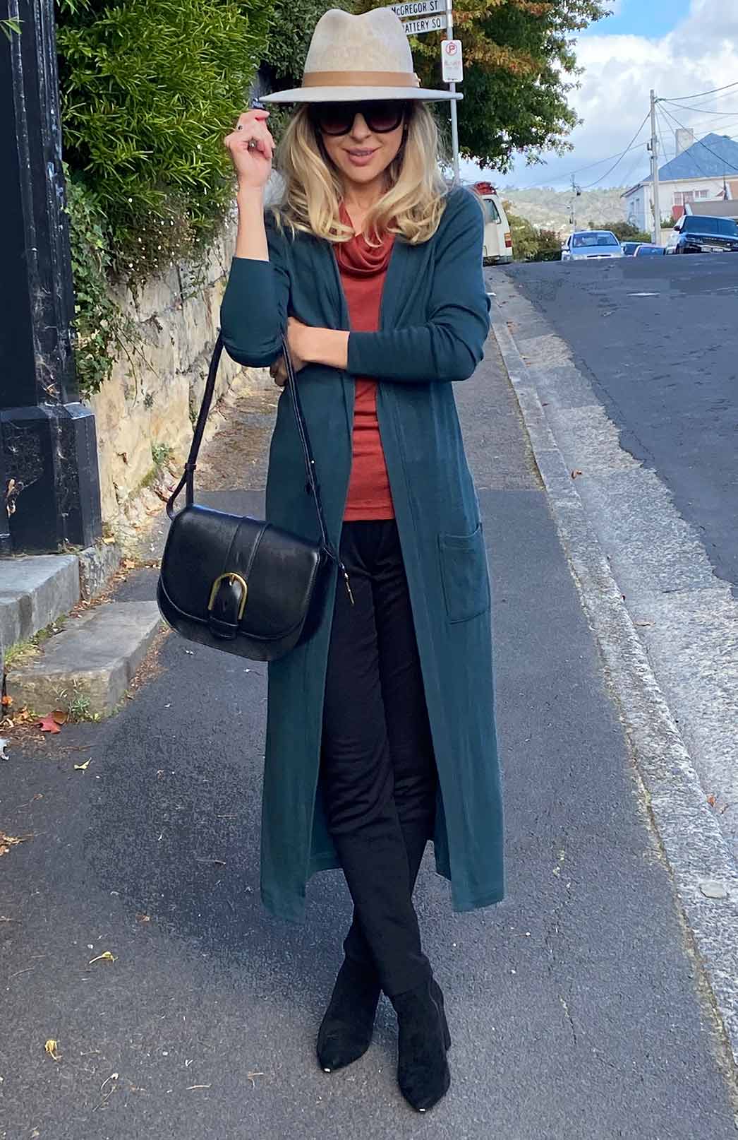 Deep Sea Green Women's Slimline Long Cardigan with side pockets