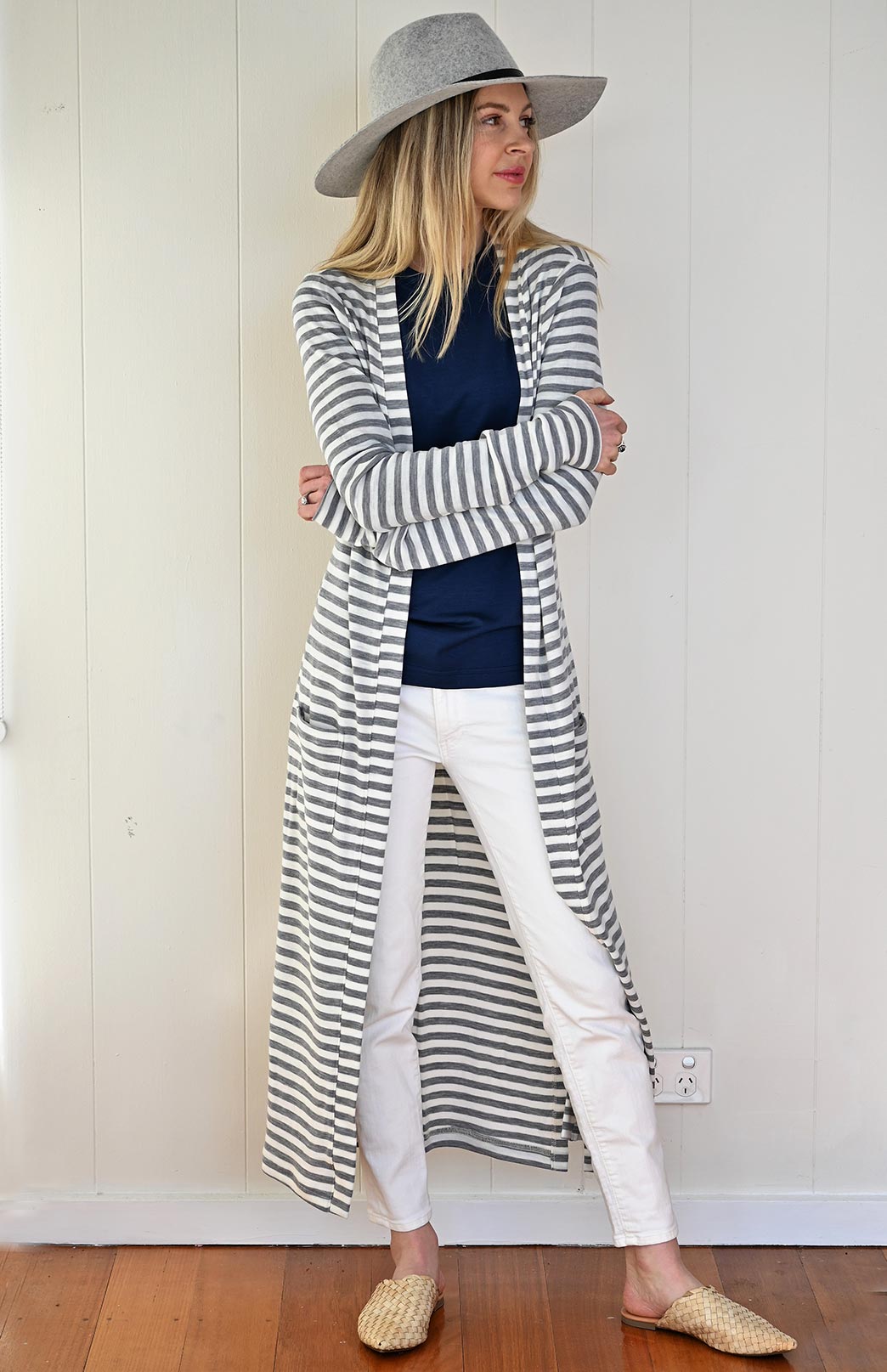 Grey Marl and Ivory Stripe Women's Slimline Long Cardigan with side pockets