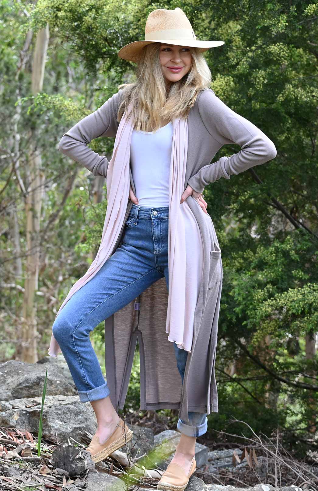 Soft Mocha Women's Slimline Long Cardigan with side pockets